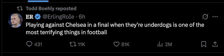 一曼城球迷号称决赛遇不被看好的切尔西太恐怖，伯利随后转发